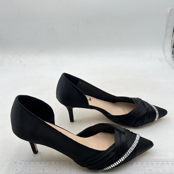 FSJ Women Low Kitten Heels Pointed Toe Slip on Pumps D'Orsay Pleated Satin Black - Picture 4 of 8